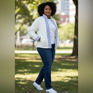 LL BEAN fleece Jacket Blue Nordic Fair Isle Snowflake Knit Trim Zip women’s M